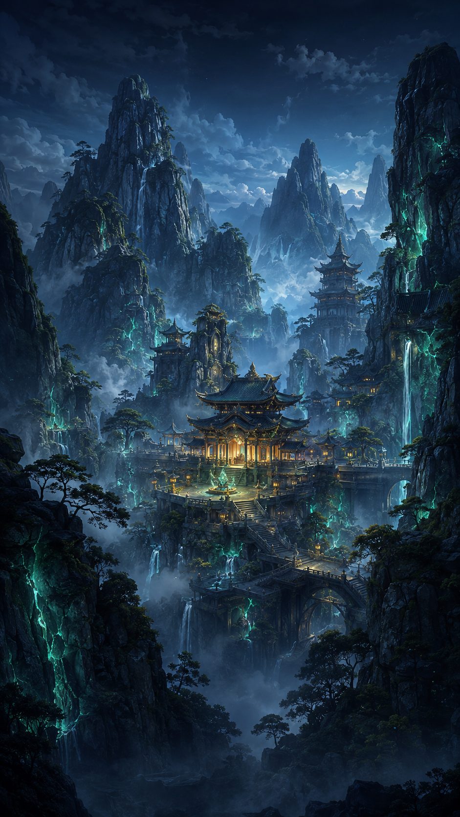 Misty jade peaks and a martial palace rising through clouded cliffs